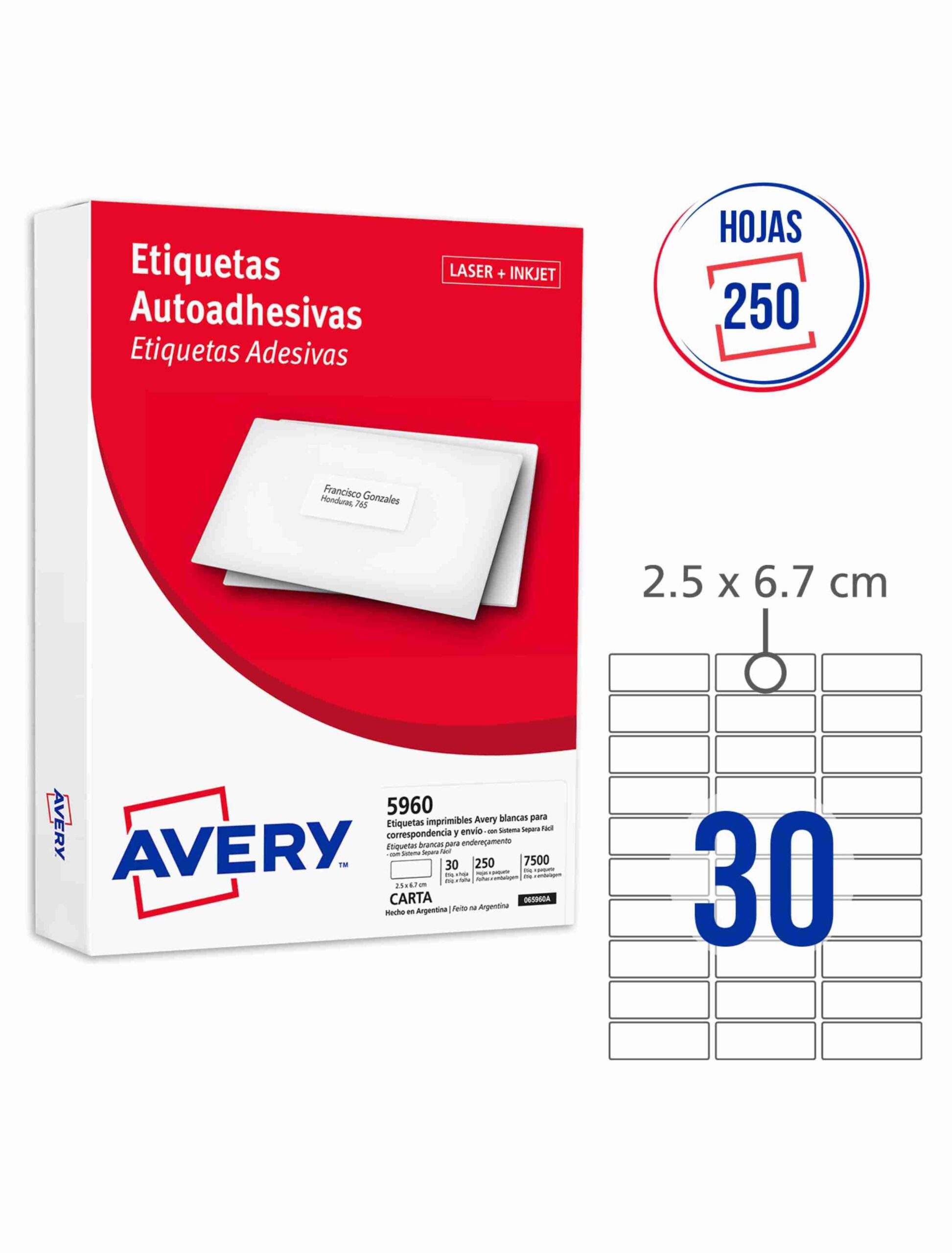 Código 5960 Avery Med. 66,7 x 25,4 MM Marblas SRL Etiquetas