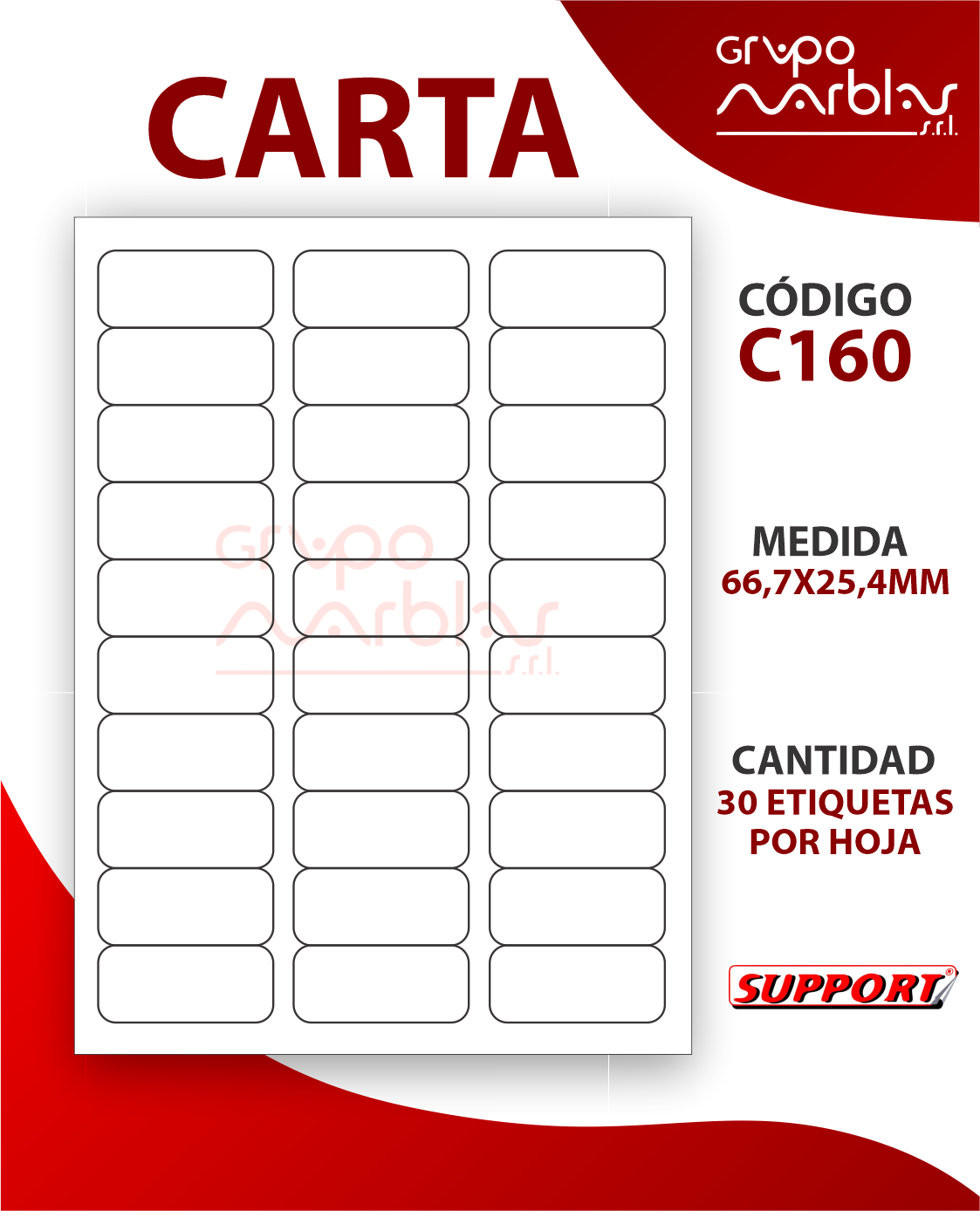 Código C160 Support Med. 66,7 x 25,4 MM